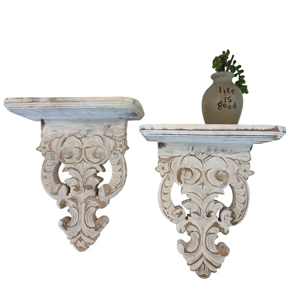 NWT Set of 2 Vintage-Inspired White Distressed Farmhouse-look Wall Shelves